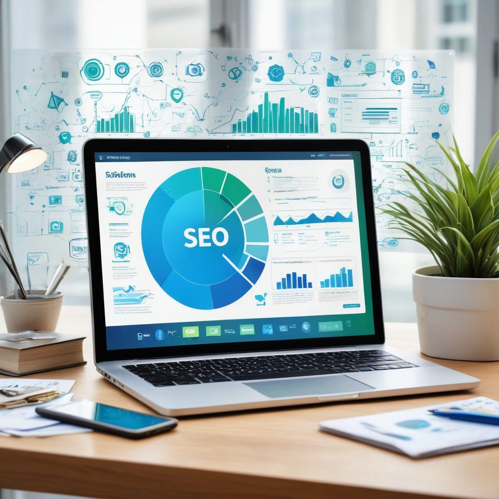 A dynamic collage featuring a laptop with a vibrant blog interface on one screen, a magnifying glass highlighting the SEO keywords on another, and cash symbols representing monetization strategies. Incorporate elements like graphs and charts depicting growth, alongside digital marketing icons. The background should be a gradient of blue and green, symbolizing online connectivity and success. super-realistic. vibrant colors. energetic composition.