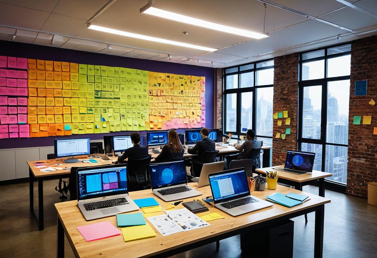 An artistic representation of a creative workspace featuring a diverse group of people collaborating around a large table filled with colorful sticky notes, laptops, and brainstorming materials. Infographics and charts depicting web performance metrics are displayed on the walls. A large window with a view of a thriving cityscape symbolizes growth and success. Dynamic lighting creates an inspiring atmosphere. vibrant colors. illustration.