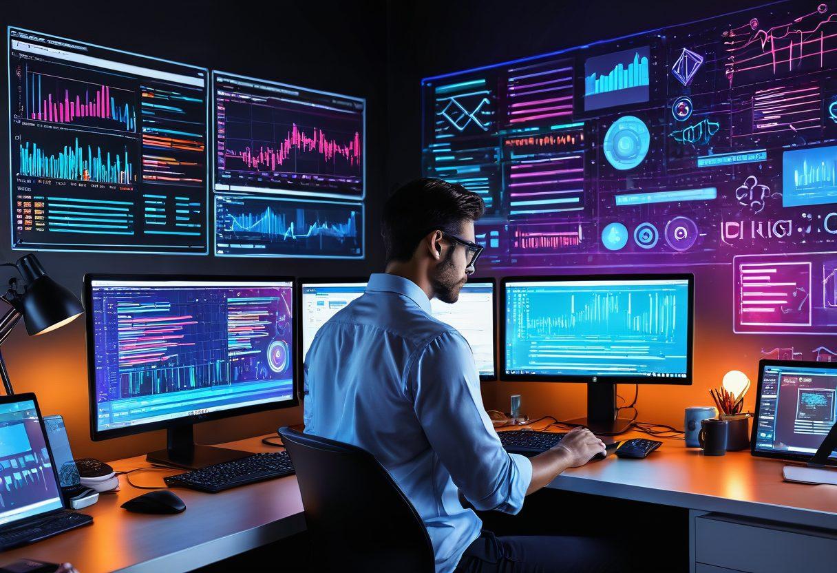 A dynamic web developer at a sleek workstation, surrounded by digital tools and coding screens, showcasing a vibrant blog design in progress. The background features various symbols representing online engagement like social media icons and analytics graphs, symbolizing success in the blogging world. The atmosphere should be energetic and inspiring, highlighting the fusion of technology and creativity. digital art. vibrant colors. modern style.